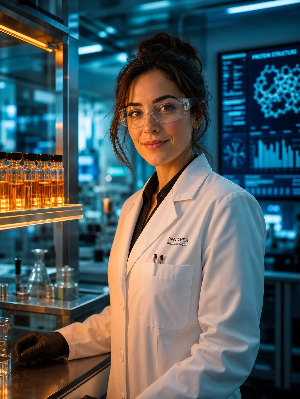 Scientist analyzing peptide samples in a modern laboratory setting