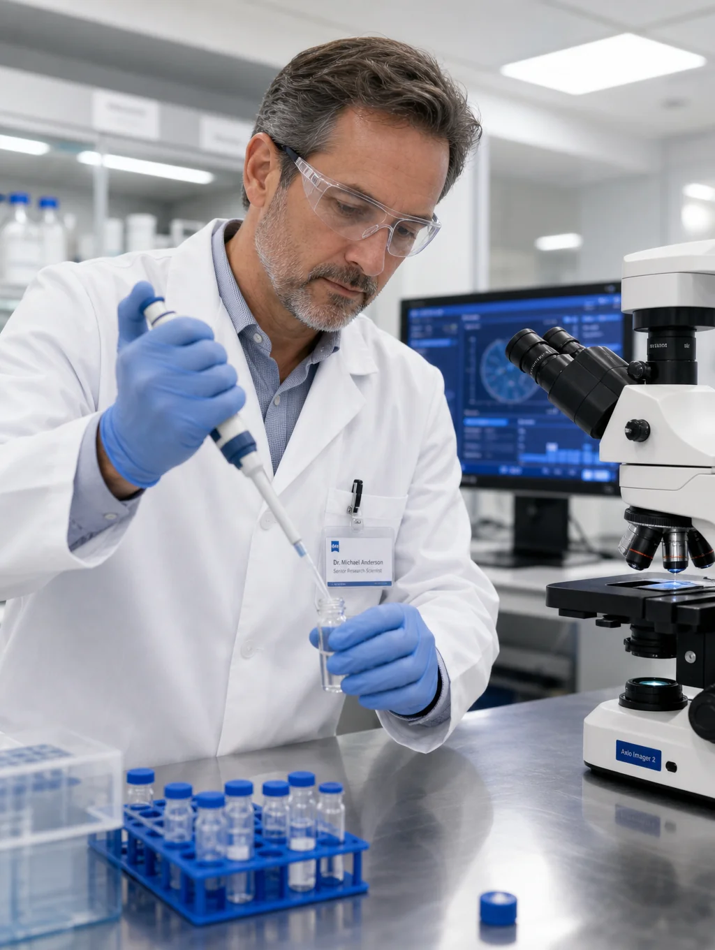 Researcher analyzing peptide samples in a sterile laboratory