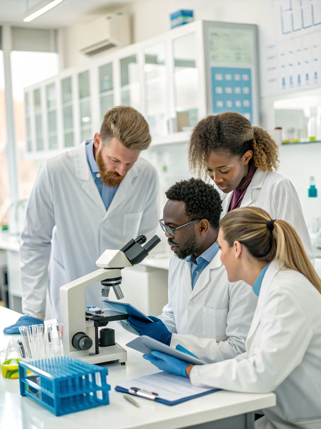 Team of researchers discussing peptide research protocols